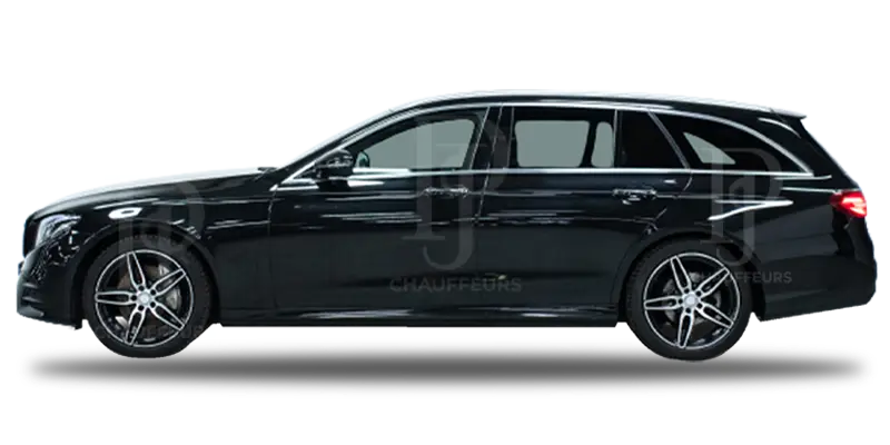 Mercedes E-Class saloon positioned for airport transfer service, combining comfort and efficiency